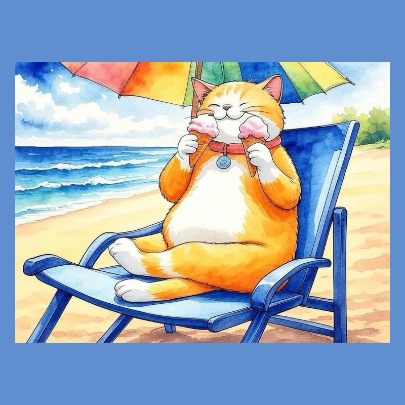 Katze am Strand mit Eiscreme