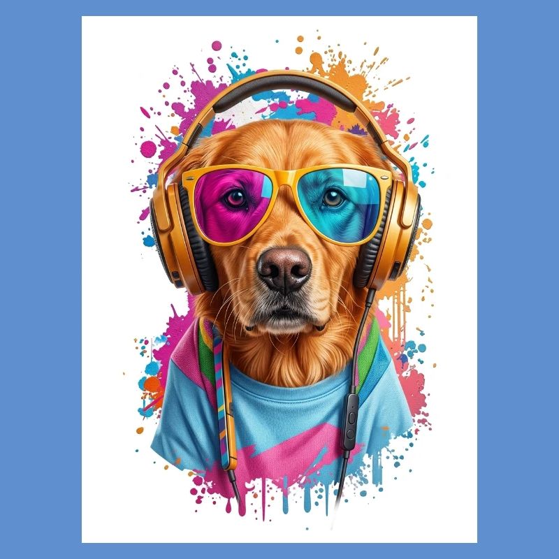 Bunter Hund mit Kopfhörern
