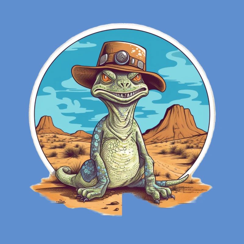 Creative dinosaur with hat in desert