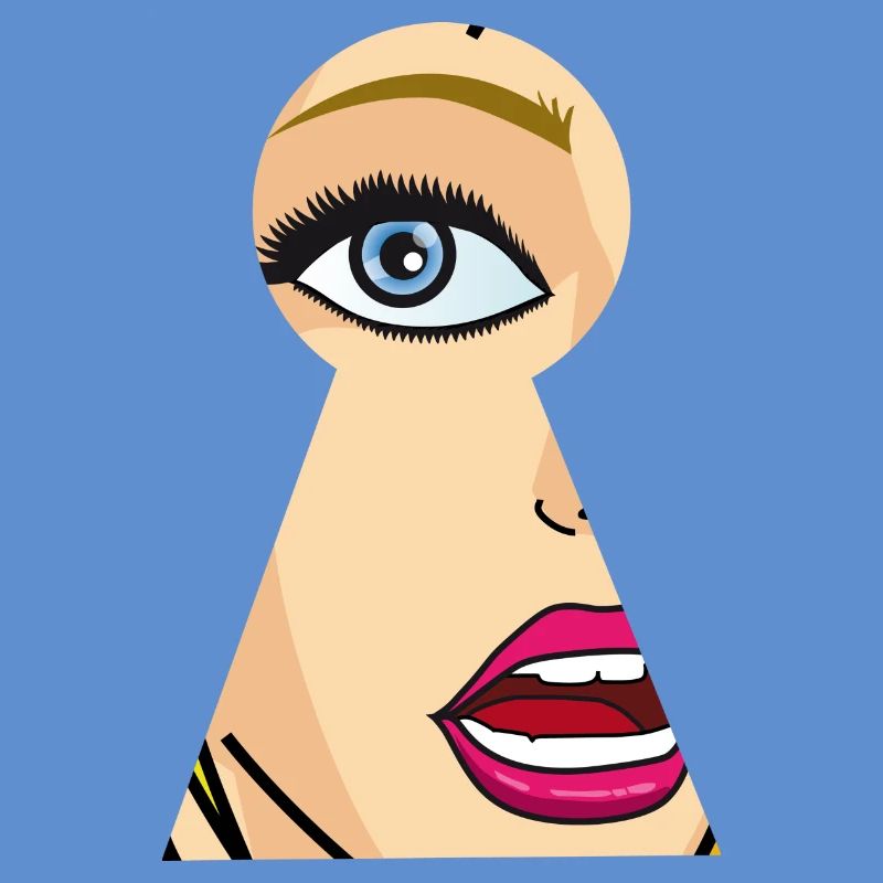 Femme regarde à travers le trou de la serrure, pop art comique