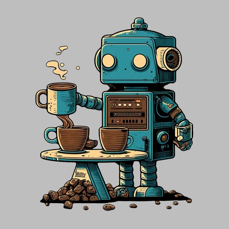 Tin robot makes coffee