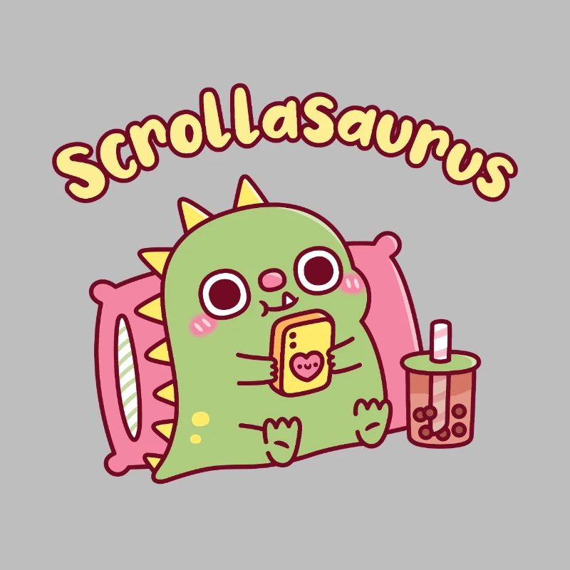 Niedlicher Scrollasaurus-Dinosaurier scrollt auf dem Handy