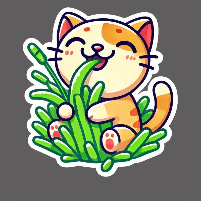 Chat roux mignon mangeant de l’herbe verte