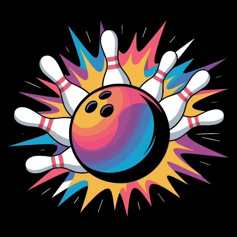 Frappe de boule de bowling avec explosion colorée et quilles