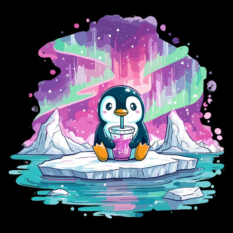Pinguin auf Eis mit pinkem Drink
