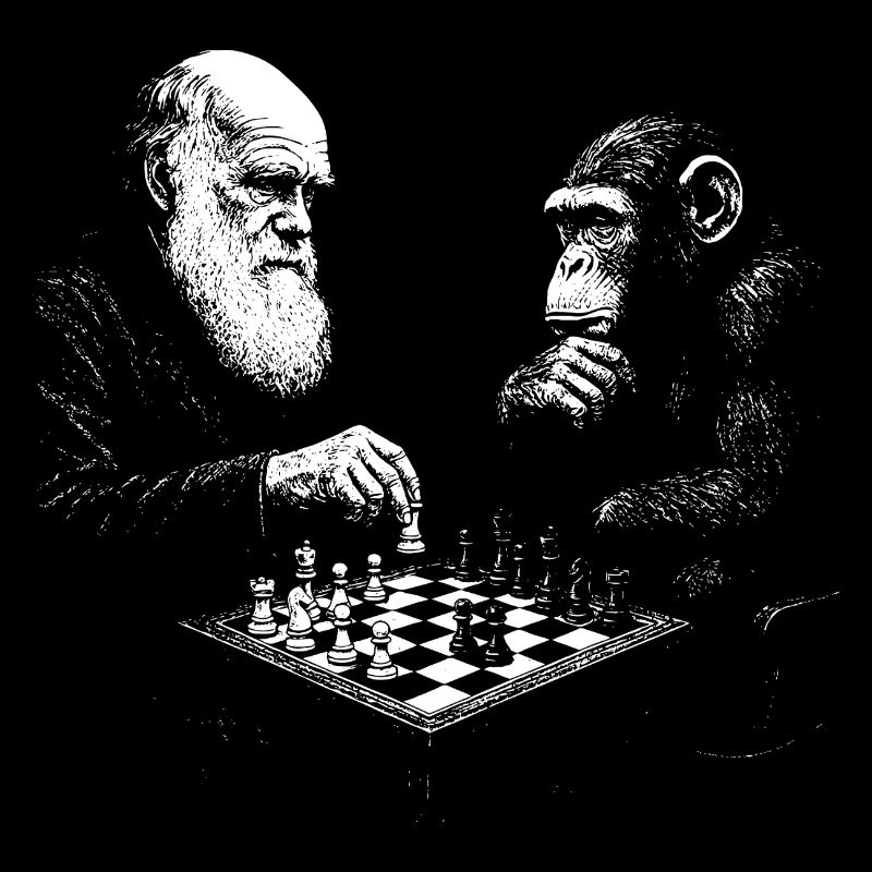 Charles Darwin plays chess with monkey