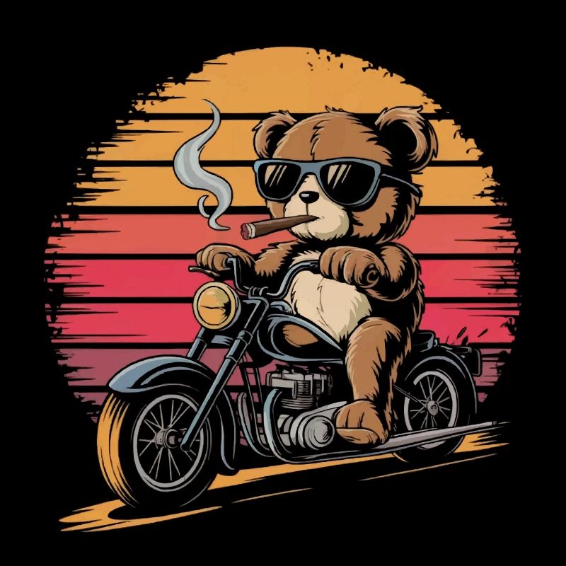Teddy bear with sunglasses rides motorcycle vintage