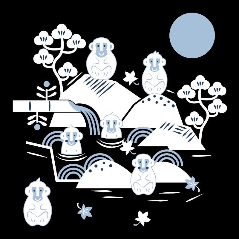 Chilling monkeys in a hot spring l white blue navy