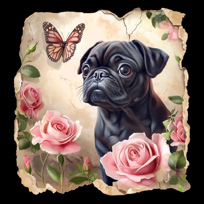 Schwarzer Mops mit Schmetterling