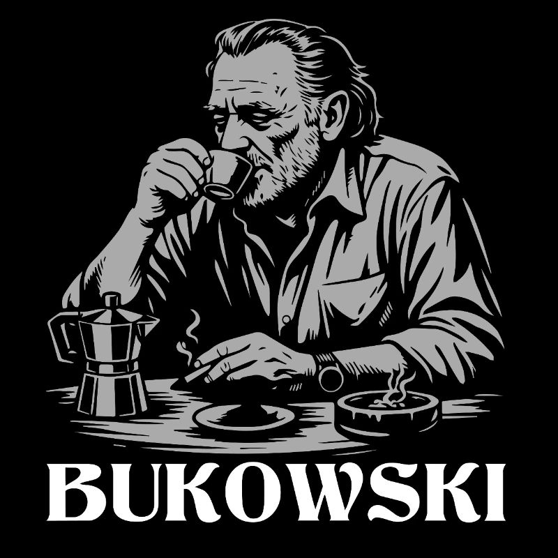 Charles Bukowski drinking coffee at the cafe