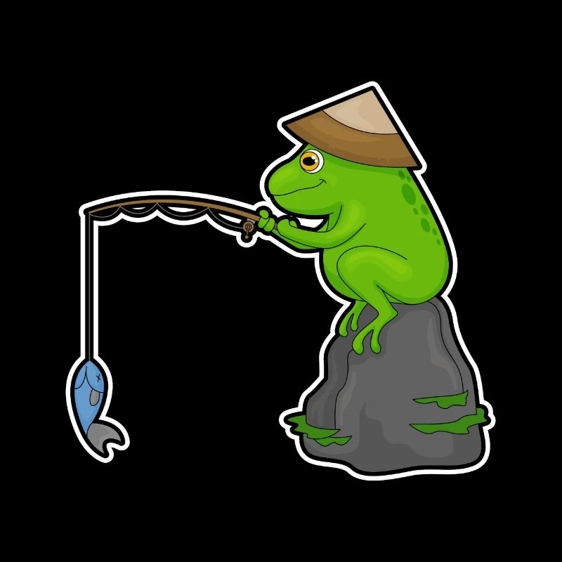 Grenouille sur la pierre lors de la pêche avec canne à pêche & poisson