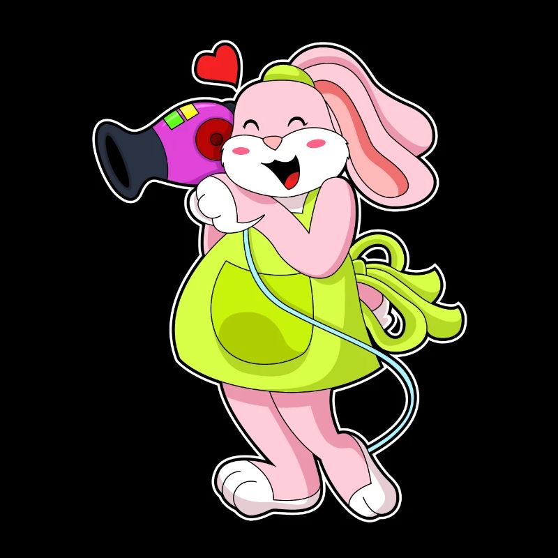 Lapin comme coiffeur avec sèche-cheveux