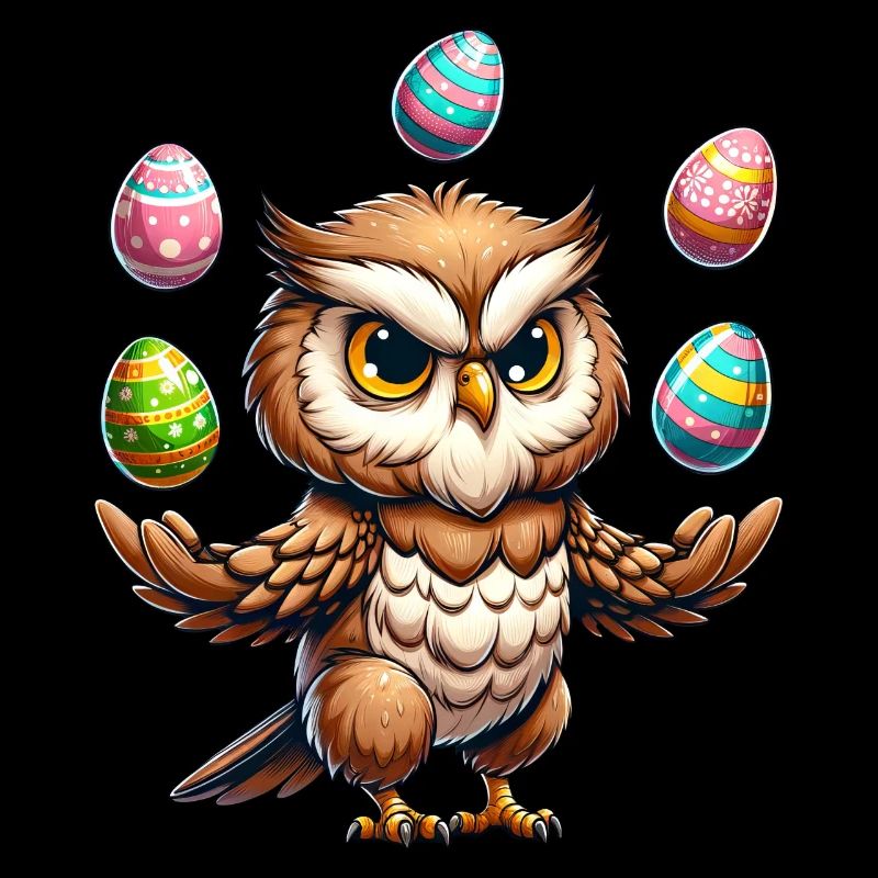 Comic Eule Jongliert mit Osterei Ostern Ei