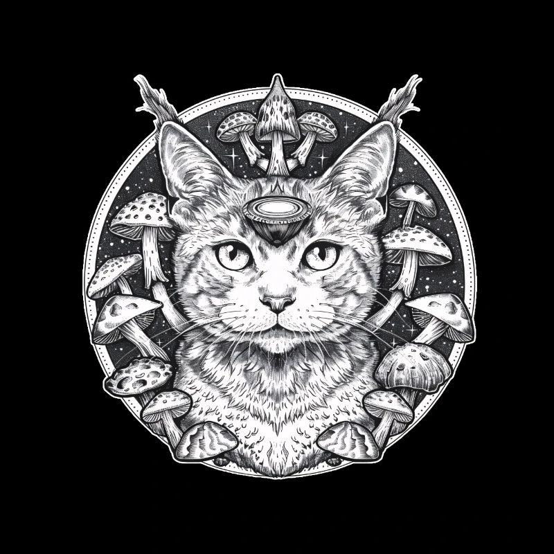 Mystische Katzen in einer Parallelwelt mit Pilzen