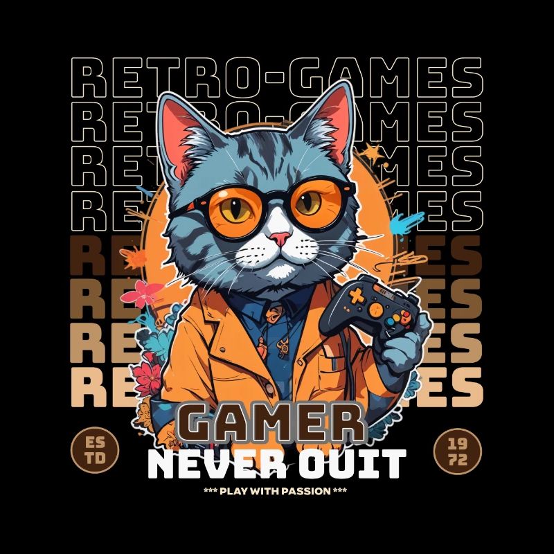 Retro Games Gamer Never Quit Cat Theme