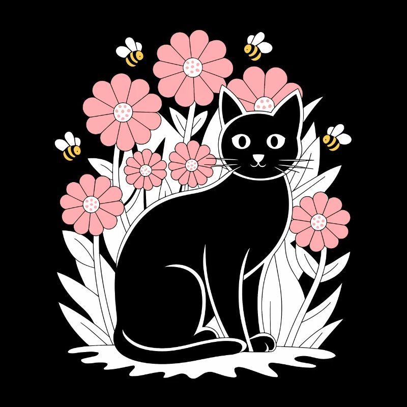 Cottagecore Idylle : Chat noir avec des fleurs et