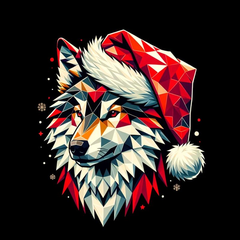 Polygon Art Wolf Wearing Santa Hat Original
