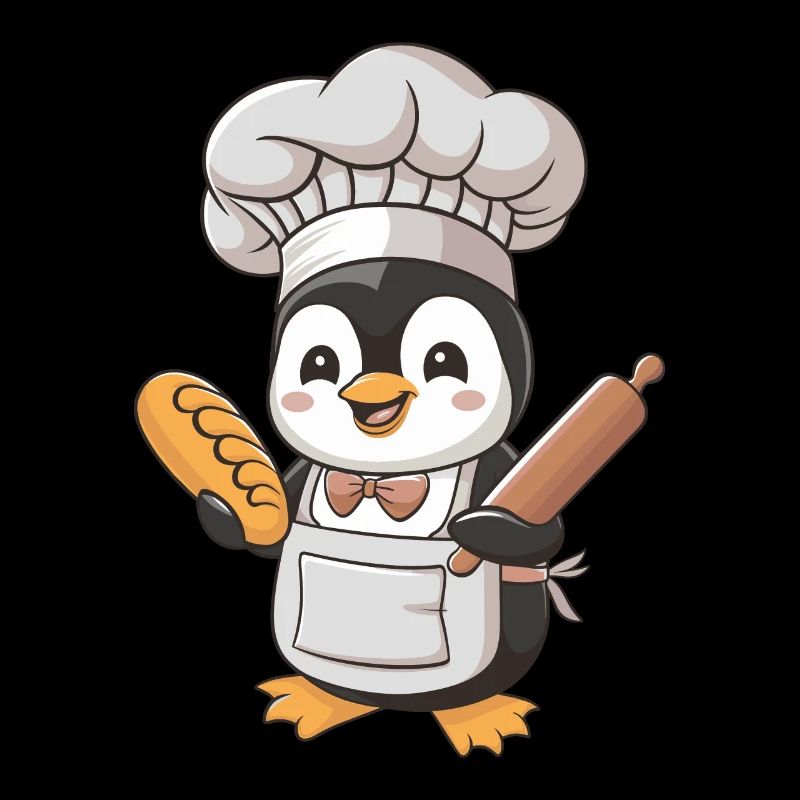 Cute penguin baker with bread and rolling pin