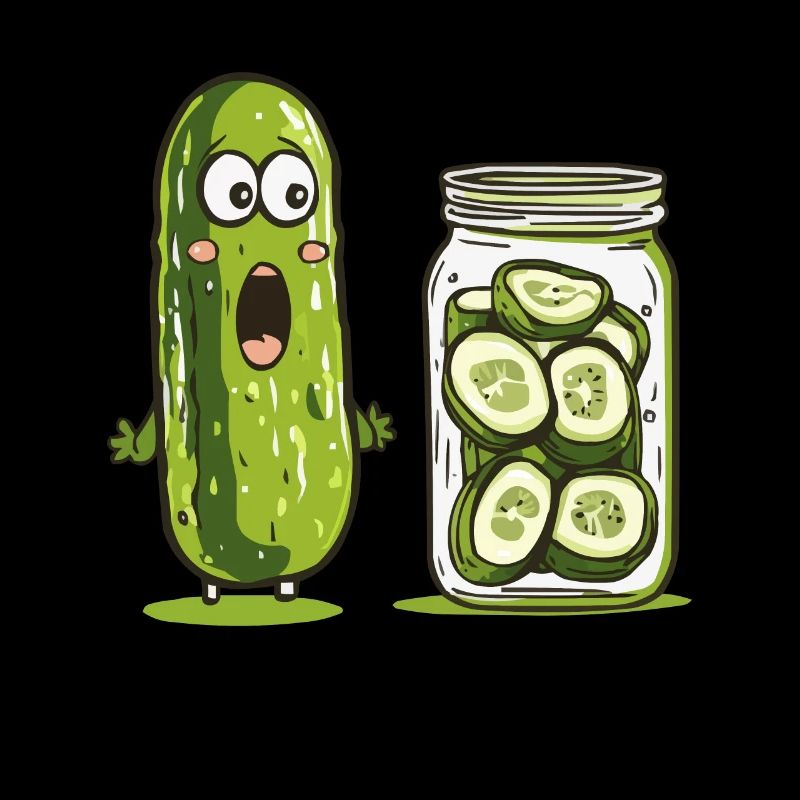 Funny cucumber marvels at pickled relatives