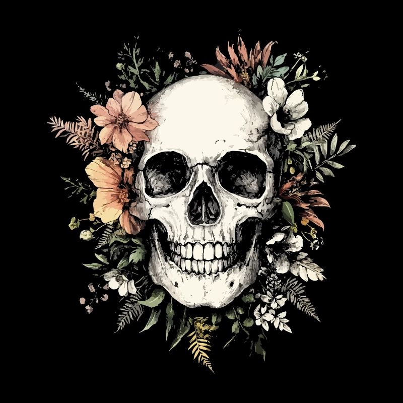 Realistic skull with floral wreath
