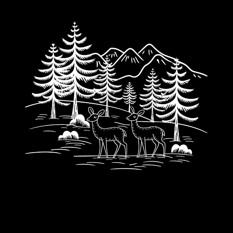 Forest scene with deer in front of mountains and trees
