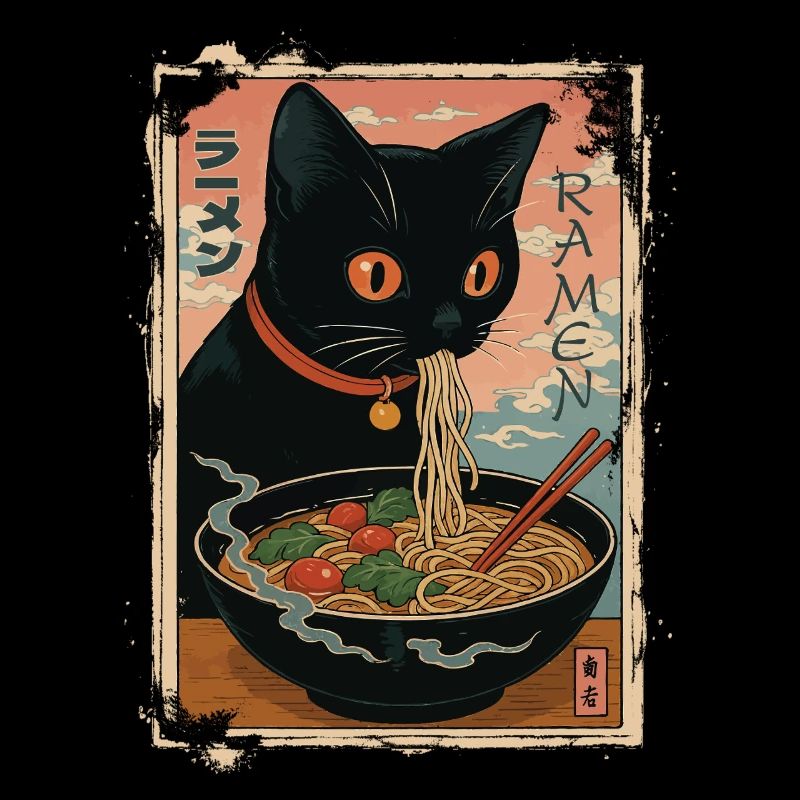 Chat noir dégustant ramen japonais