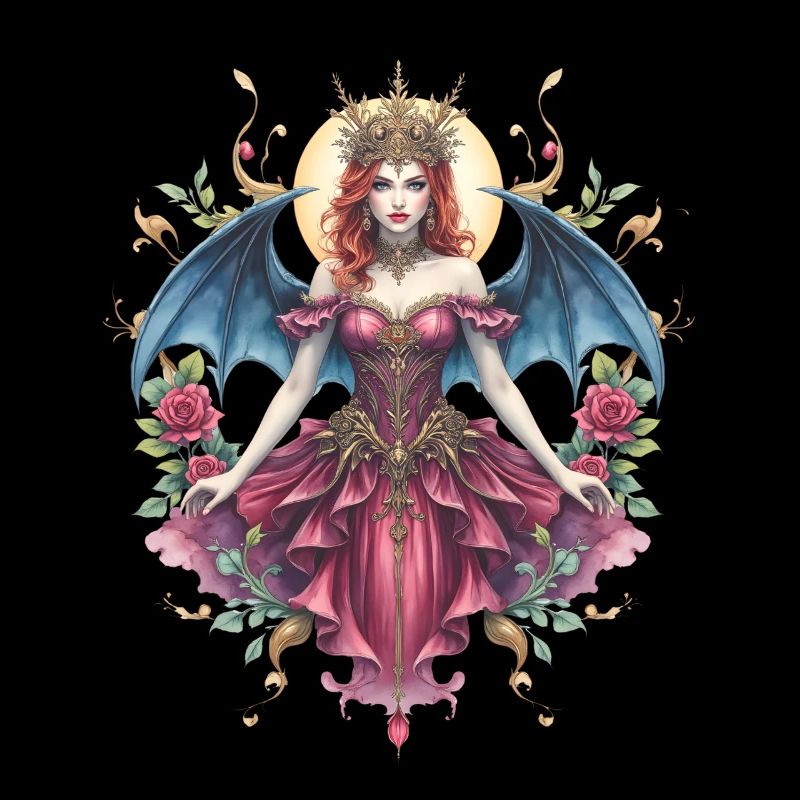 Gothic winged queen among roses