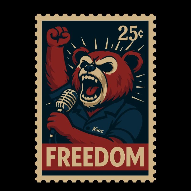 Rebellious bear calls for freedom with microphone