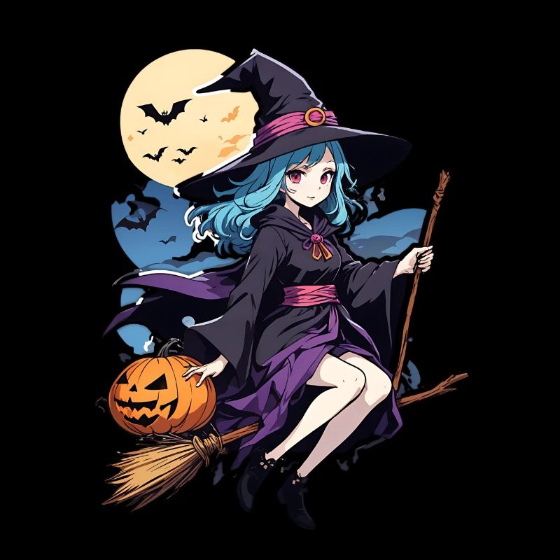 Mignonne sorcière avec balai et chauves-souris