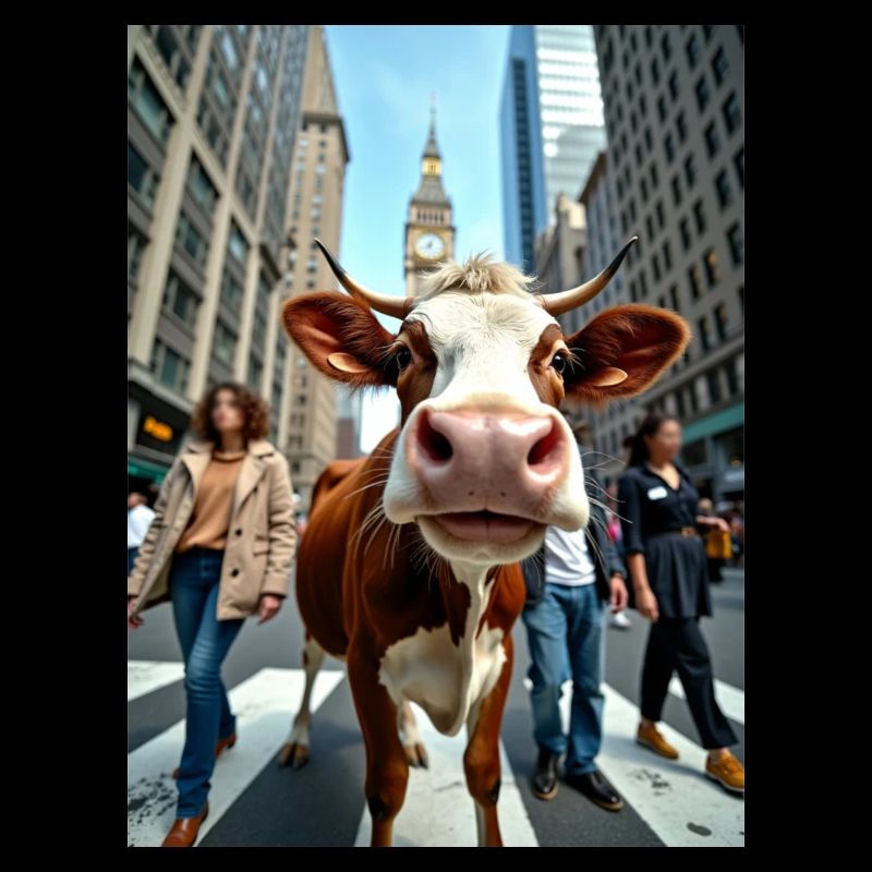 Selfie de vache drôle dans une ville animée