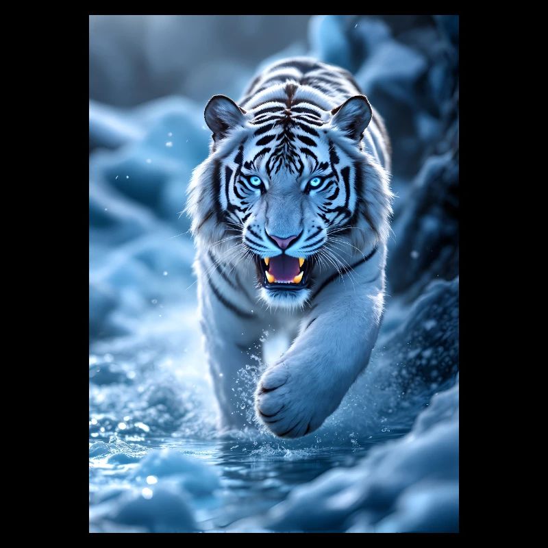 White tiger runs through stream
