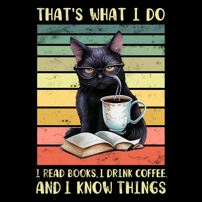 Schwarze Katze mit Kaffee und Buch