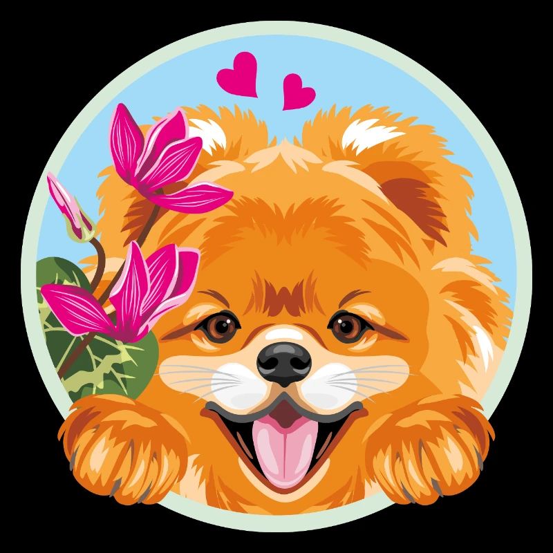 Jeter un coup d’œil à un chien poméranien heureux avec des fleurs