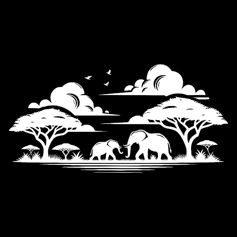 Scène de savane tranquille avec des éléphants et des acacias
