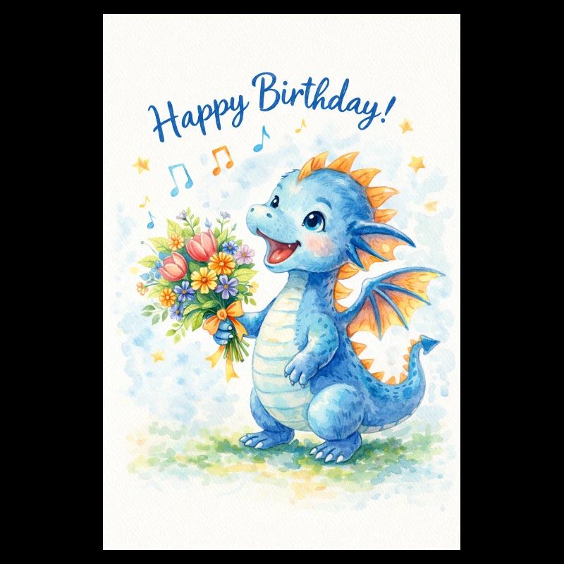 Blauer Drache mit Blumenstrauß