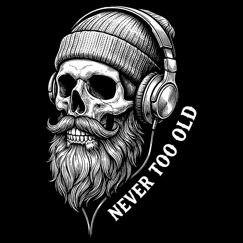 Never Too Old – Musik Totenkopf mit Bart Kopfhörer