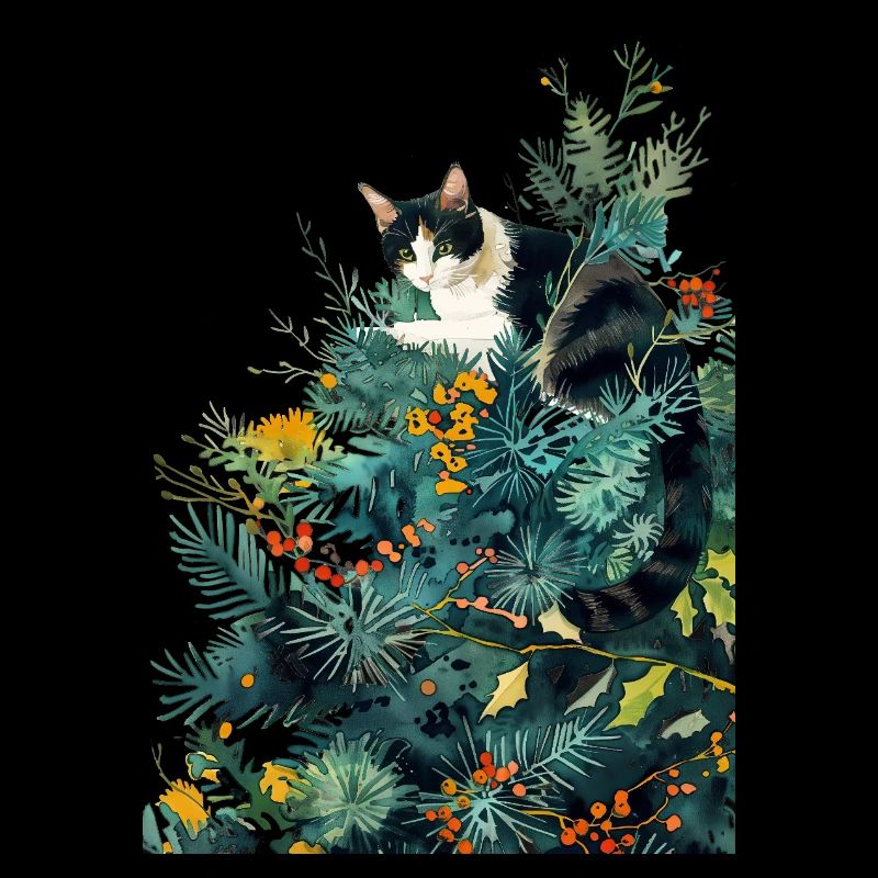 Chat sur le sapin de Noël