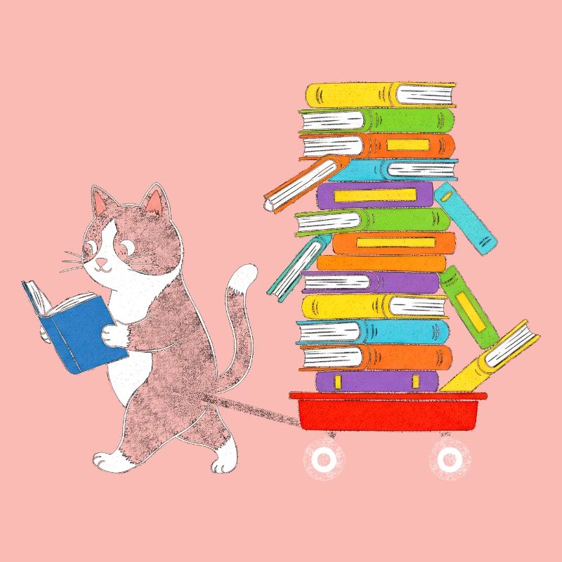 Reading kitten pulls book trolley