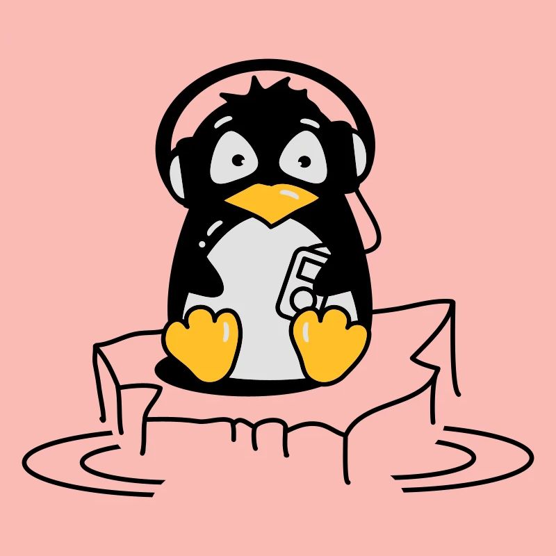 Cooler Pinguin mit Kopfhörern auf Eis