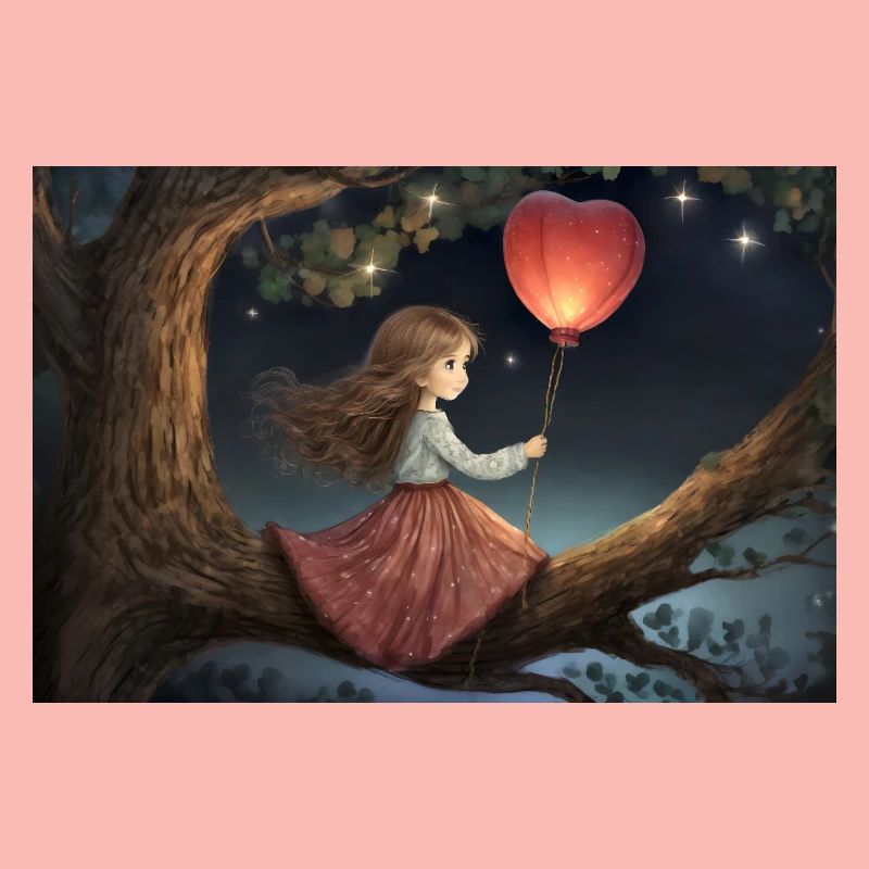 Mädchen mit Herzballon auf einem Ast