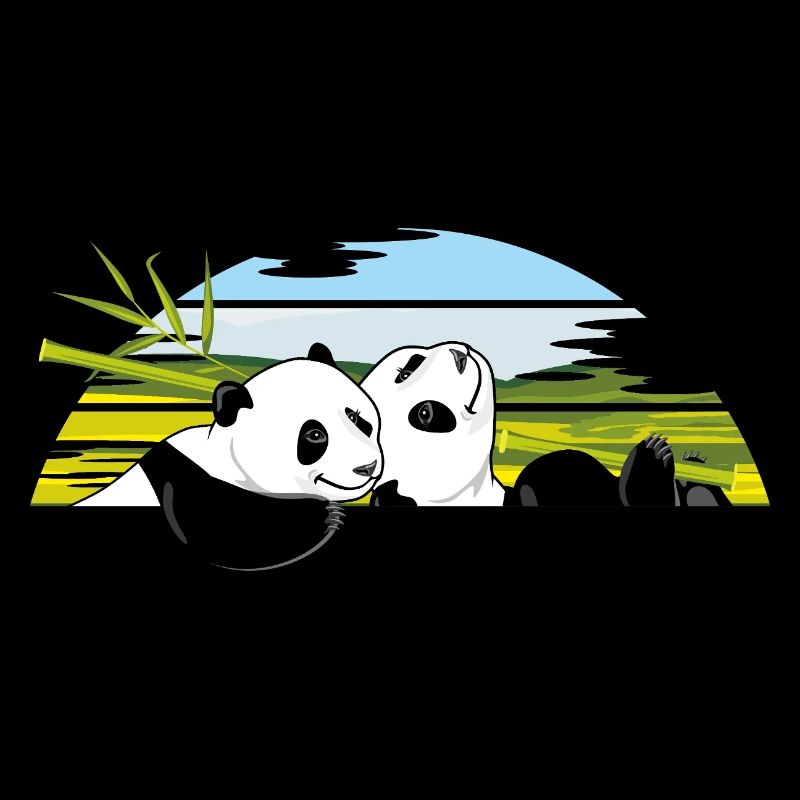 Two happy panda cubs with a bamboo branch