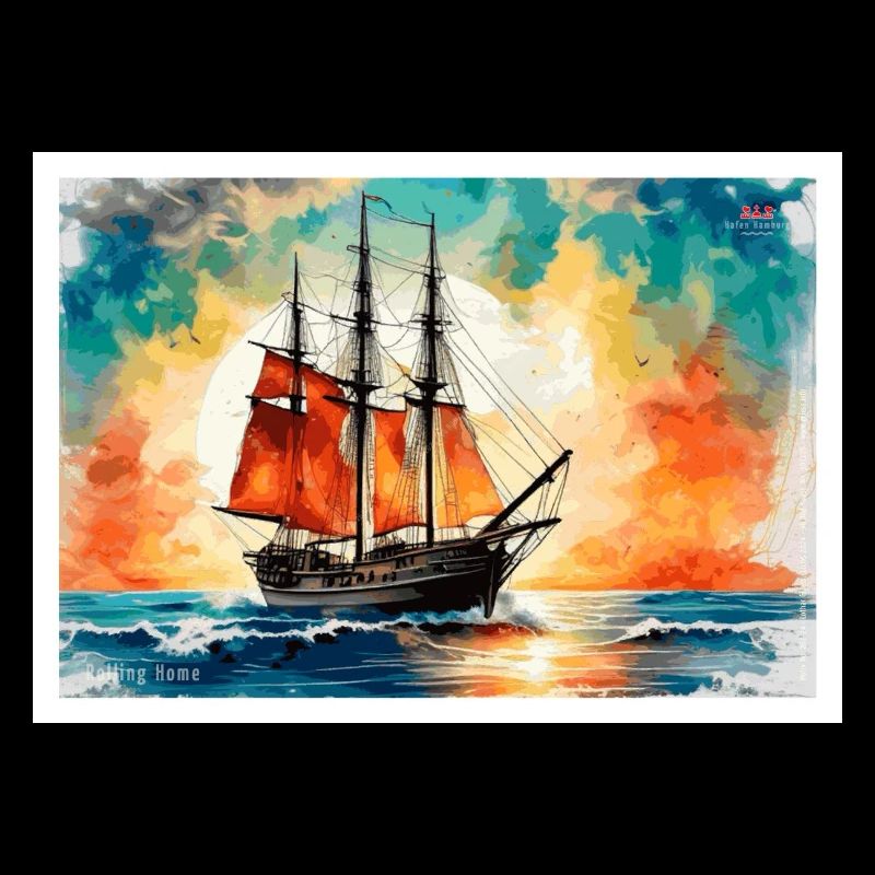 Red sailing ship at sunset