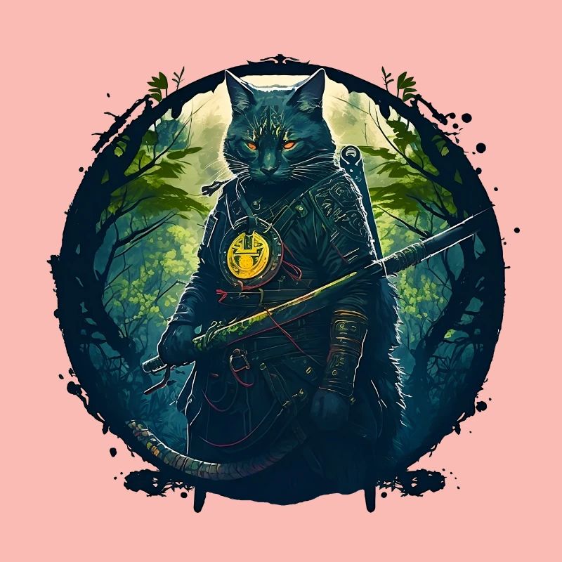 Katze als Samurai in Wald