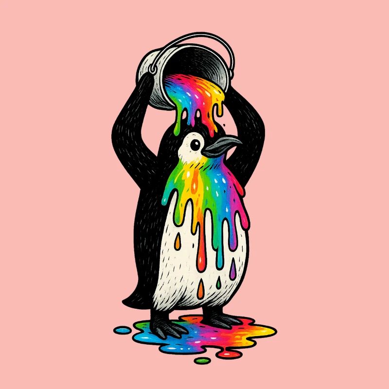 Bunter Pinguin mit Farbeimer