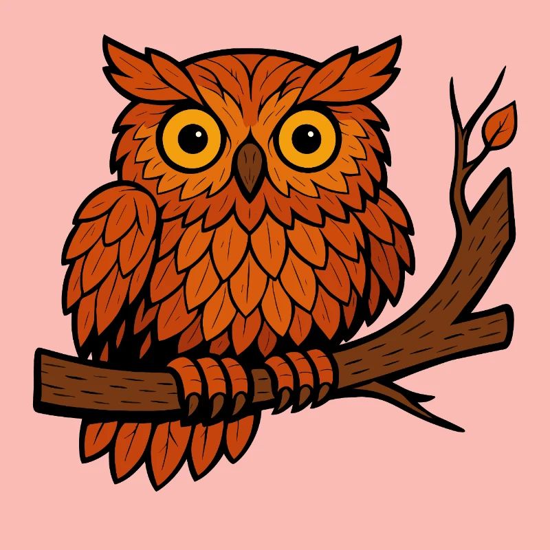 Comic Eule Herbst Wald Laub Blätter Ast Baum Feder