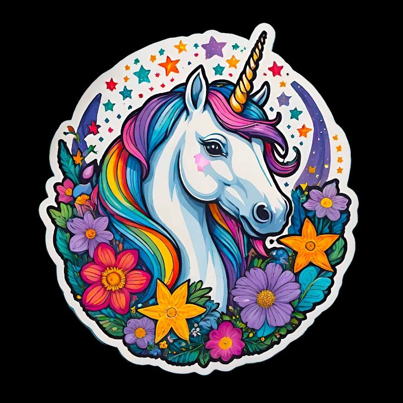 Regebogen Einhorn mit Blumen und Sternen