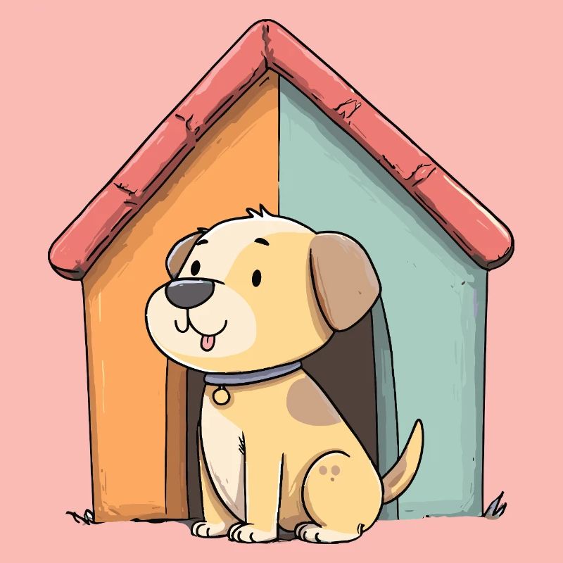 Chien câlin devant une maison colorée