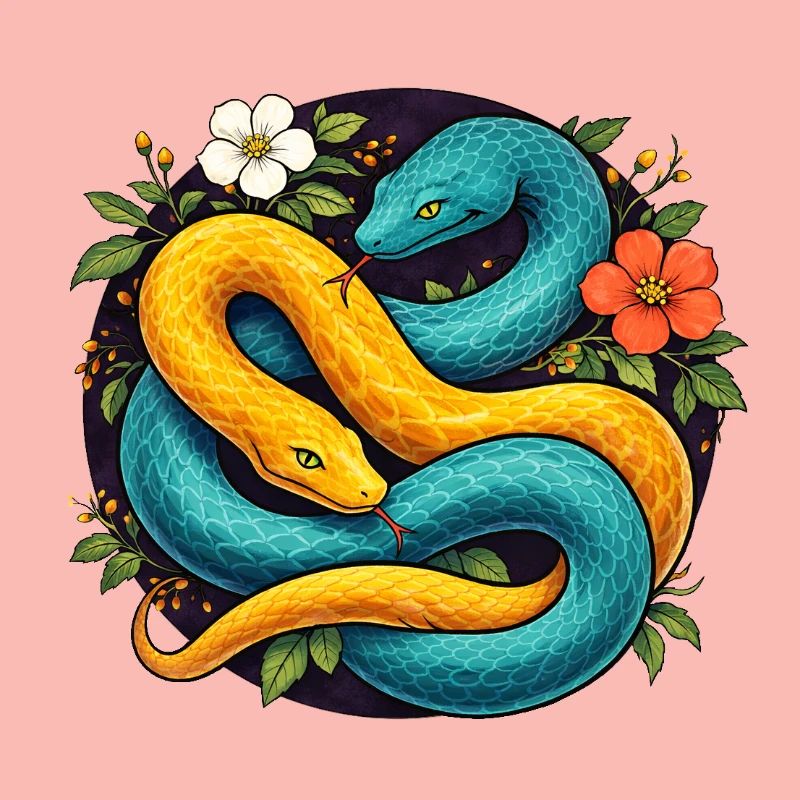 Deux serpents python dans l’anneau fleuri