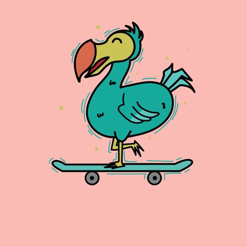 Dodo rides bird on a skateboard