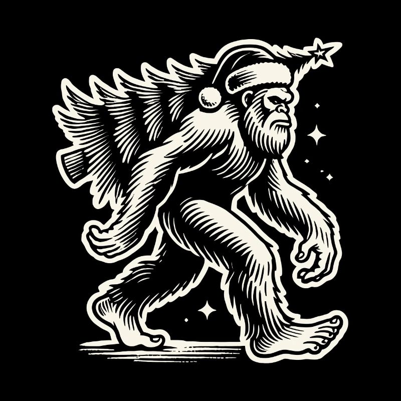 Bigfoot de Noël avec arbre de Noël style rétro